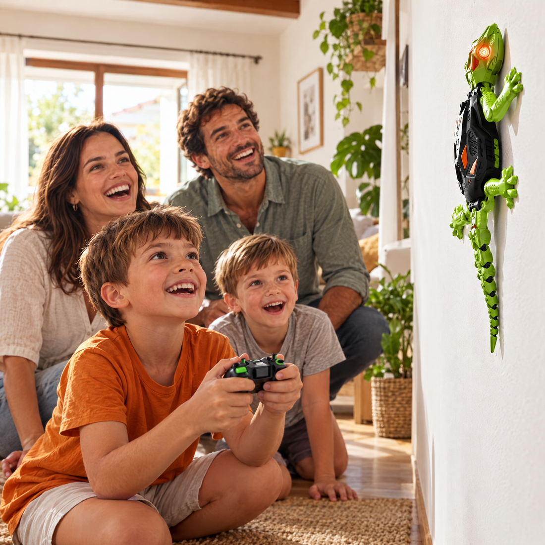 Familia jugando con el gecko trepador Junglo en la pared del salón