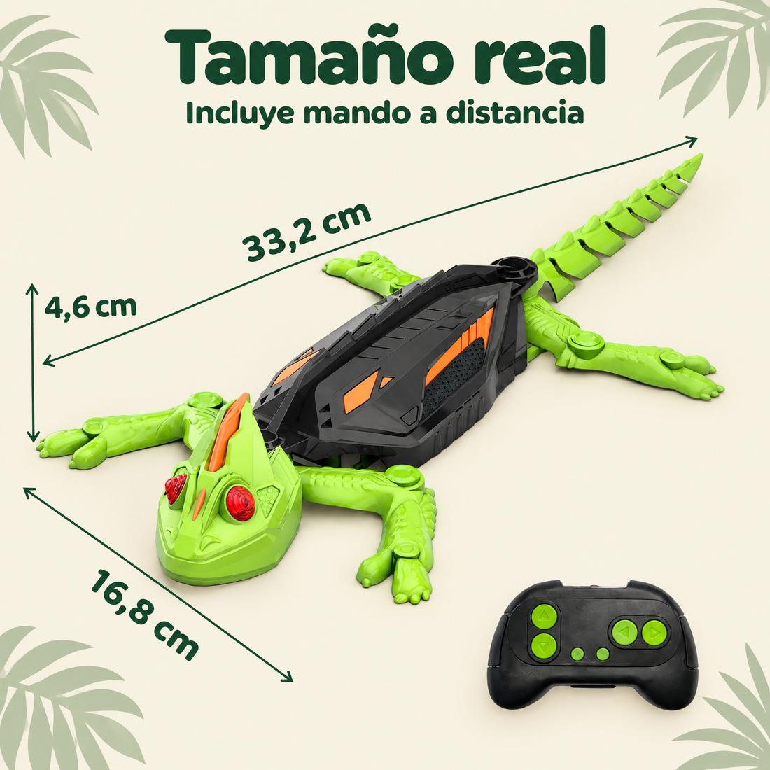 Medidas del gecko Junglo: 33,2 x 16,8 x 4,6 cm, con mando a distancia