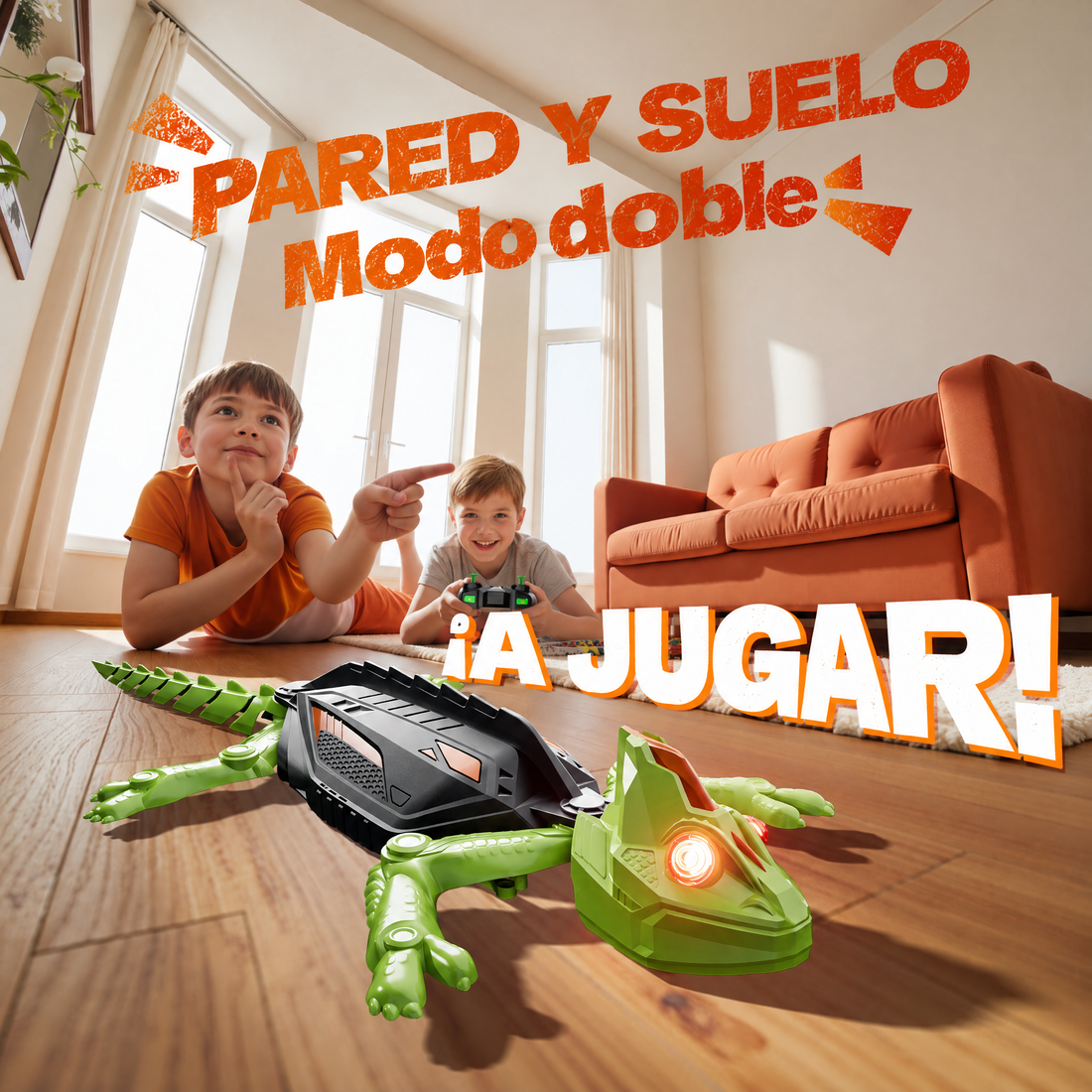 Niños jugando con el gecko trepador Junglo en modo pared y suelo