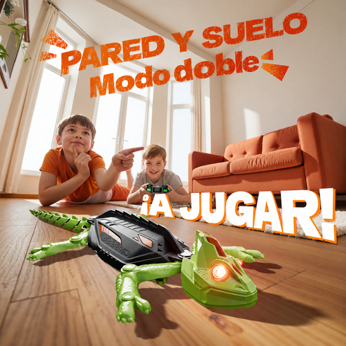 Niños jugando con el gecko trepador Junglo en modo pared y suelo